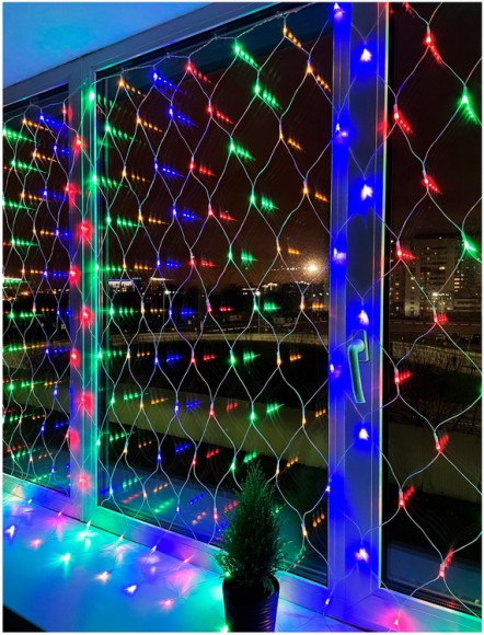 Цветная гирлянда сетка на окно 180х150 см., 8 режимов (200 LED)